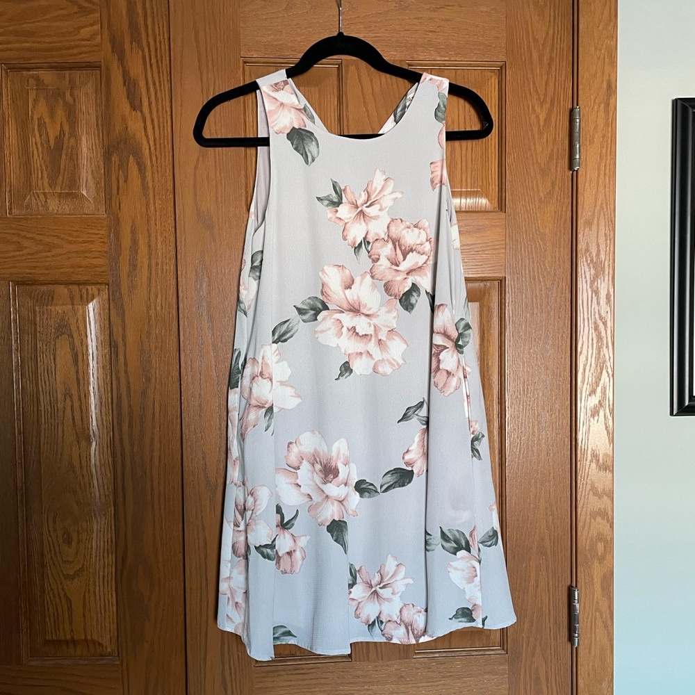 Grey shift dress with light pink colored flowers